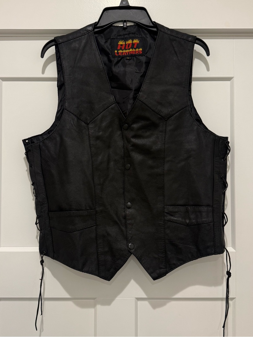 Vintage Hot Leathers Black Leather Vest – Side Lace-Up & Snap Front Size L